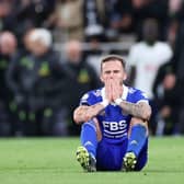 James Maddison of Leicester City reacts after the final whistle in the Premier League match between Tottenham Hotspur and Leicester City at Tottenham Hotspur Stadium on September 17, 2022 in London, England. (Photo by Ryan Pierse/Getty Images)