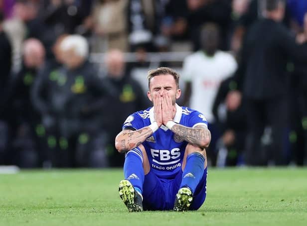 <p>James Maddison of Leicester City reacts after the final whistle in the Premier League match between Tottenham Hotspur and Leicester City at Tottenham Hotspur Stadium on September 17, 2022 in London, England. (Photo by Ryan Pierse/Getty Images)</p>