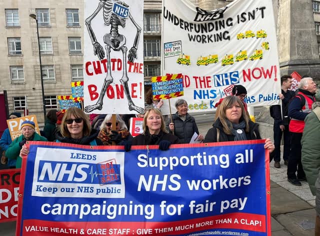 Junior doctors were joined by campaign group “Keep Our NHS Public” who flew banners and held placards that read “Underfunding isn’t working” and “Where are our new hospitals?”.