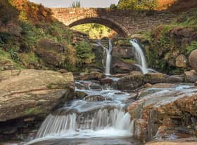 Three Shires Head. A waterfall and packhorse stone bridge at Three Shires Head in the Peak District National Park.