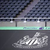 NEWCASTLE UPON TYNE, ENGLAND - JULY 05: General view inside the stadium where a Newcastle United banner is seen alongside the Premier League logo  (Photo by Laurence Griffiths/Getty Images)