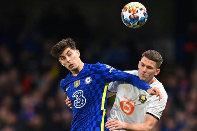 Kai Havertz of Chelsea battles for possession with Sven Botman of Lille (Photo by Shaun Botterill/Getty Images)