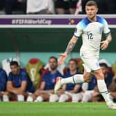 England's defender #12 Kieran Trippier runs with the ball during the Qatar 2022 World Cup Group B football match between England and USA at the Al-Bayt Stadium in Al Khor, north of Doha on November 25, 2022. (Photo by Kirill KUDRYAVTSEV / AFP) (Photo by KIRILL KUDRYAVTSEV/AFP via Getty Images)