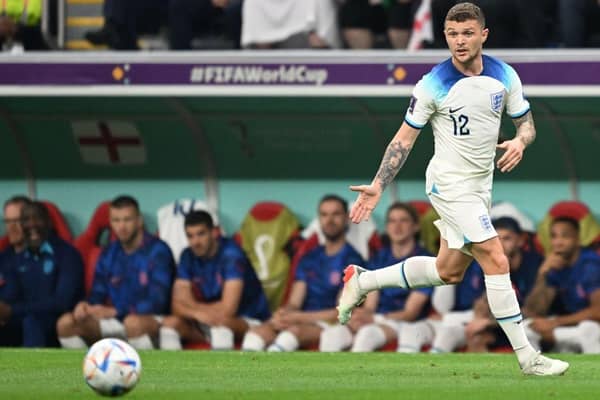 England's defender #12 Kieran Trippier runs with the ball during the Qatar 2022 World Cup Group B football match between England and USA at the Al-Bayt Stadium in Al Khor, north of Doha on November 25, 2022. (Photo by Kirill KUDRYAVTSEV / AFP) (Photo by KIRILL KUDRYAVTSEV/AFP via Getty Images)