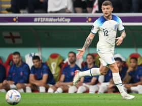 England's defender #12 Kieran Trippier runs with the ball during the Qatar 2022 World Cup Group B football match between England and USA at the Al-Bayt Stadium in Al Khor, north of Doha on November 25, 2022. (Photo by Kirill KUDRYAVTSEV / AFP) (Photo by KIRILL KUDRYAVTSEV/AFP via Getty Images)