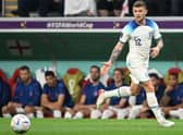 England's defender #12 Kieran Trippier runs with the ball during the Qatar 2022 World Cup Group B football match between England and USA at the Al-Bayt Stadium in Al Khor, north of Doha on November 25, 2022. (Photo by Kirill KUDRYAVTSEV / AFP) (Photo by KIRILL KUDRYAVTSEV/AFP via Getty Images)