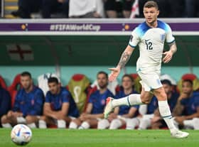 England's defender #12 Kieran Trippier runs with the ball during the Qatar 2022 World Cup Group B football match between England and USA at the Al-Bayt Stadium in Al Khor, north of Doha on November 25, 2022. (Photo by Kirill KUDRYAVTSEV / AFP) (Photo by KIRILL KUDRYAVTSEV/AFP via Getty Images)
