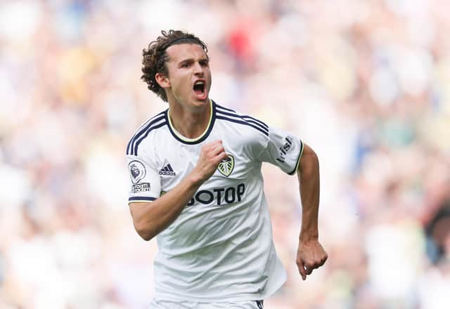 LEEDS, ENGLAND - AUGUST 21:  Brenden Aaronson of Leeds United celebrates scoring their side's first goal during the Premier League match between Leeds United and Chelsea FC at Elland Road on August 21, 2022 in Leeds, England. (Photo by Catherine Ivill/Getty Images)
